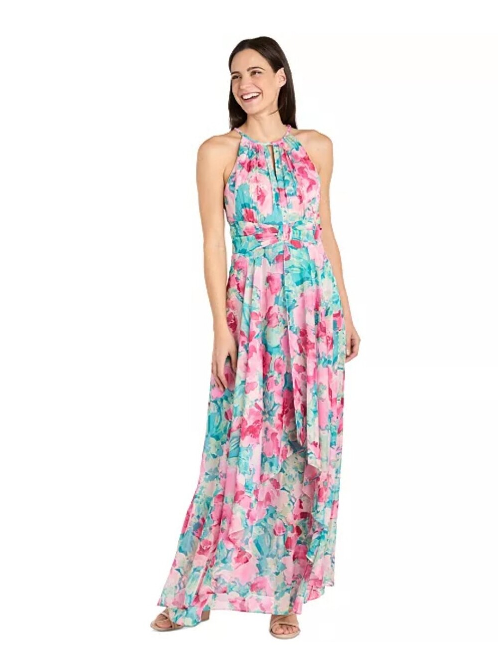 NWT R&M Richards Floral Chiffon Maxi Dress Siz 14W Jade Pink Formal Wedding $149
